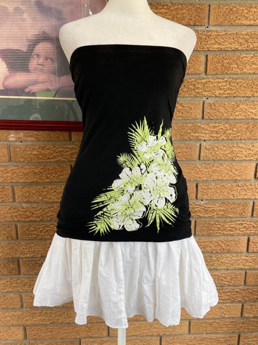 2000s Blue Crush black tube top with floral print and rhinestones